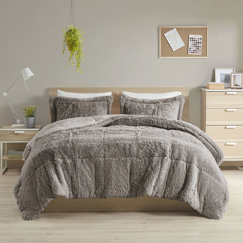 Intelligent Design Malea Shaggy Faux Fur Comforter Set, Grey, Full/Queen