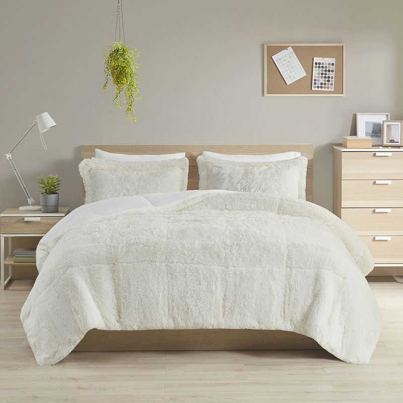 Intelligent Design Leena Shaggy Comforter Set, White, Twin