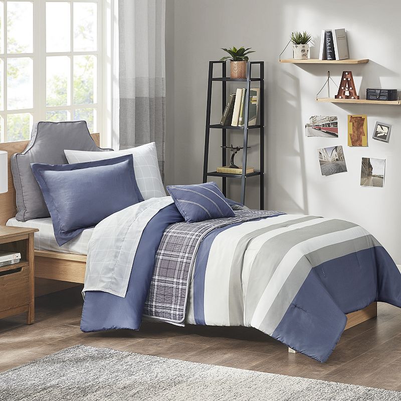 Intelligent Design James Striped Comforter Set with Sheets, Blue, Twin
