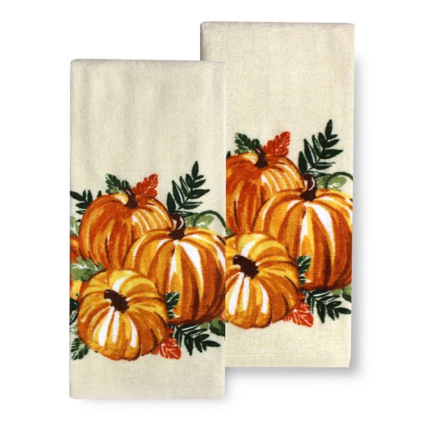 Pumpkins on Vine 2 Kitchen Towels Set Cream Waffle Weave Cotton