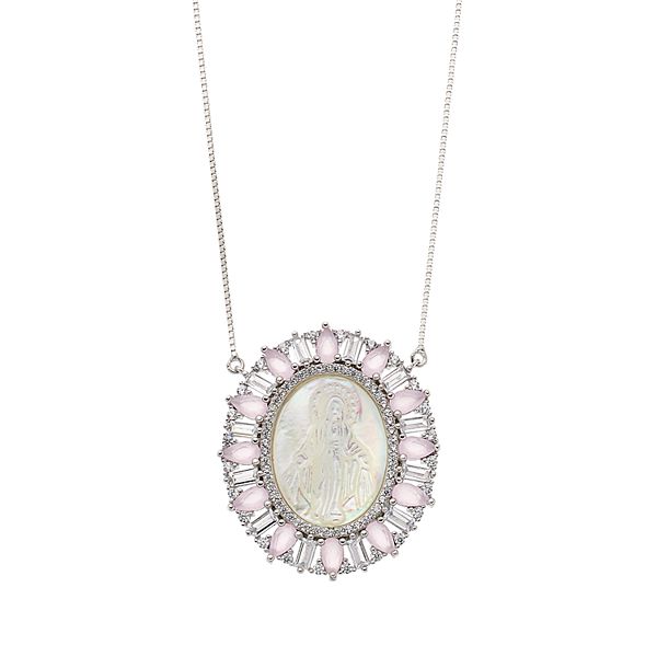Sterling Silver Mother-of-Pearl & Pink Cubic Zirconia Jesus Necklace