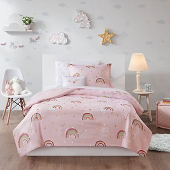 Intelligent Design Mia Rainbow and Metallic Stars Comforter Set with Bed Sheets and Throw Pillow