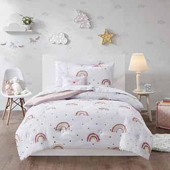 Intelligent Design Mia Rainbow and Metallic Stars Comforter Set with Bed Sheets and Throw Pillow