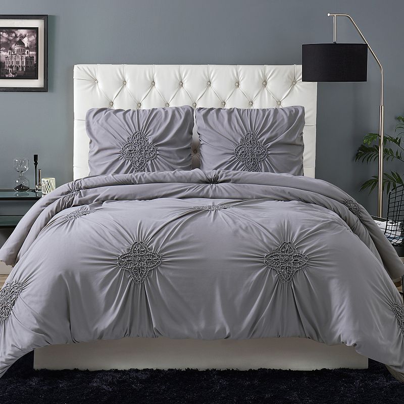 Christian Siriano Georgia Rouched 3-Piece Duvet Cover Set, Grey, King