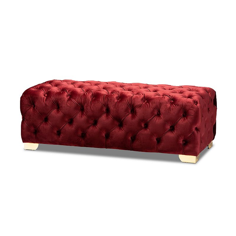 Avara Glam and Luxe Burgundy Velvet Fabric Upholstered Gold Finished Button Tufted Bench Ottoman