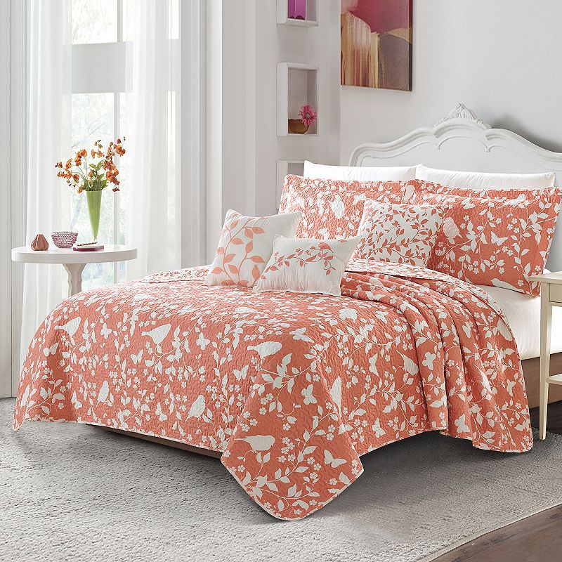 Home Soft Things 6 Piece Printed Microfiber Quilt Bedspread Set - Birdsong - Coral - King (102  x 90 )