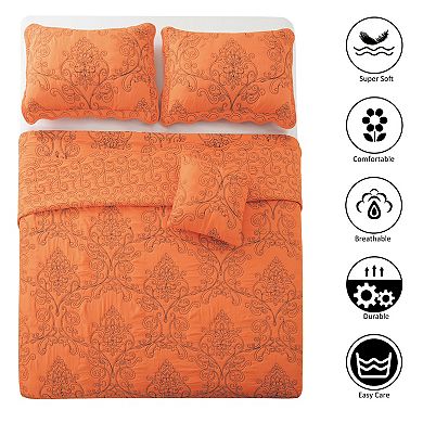 Serenta Damask Embroidered 4-Piece Bedspread and Sham Set