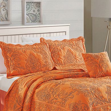 Serenta Damask Embroidered 4-Piece Bedspread and Sham Set