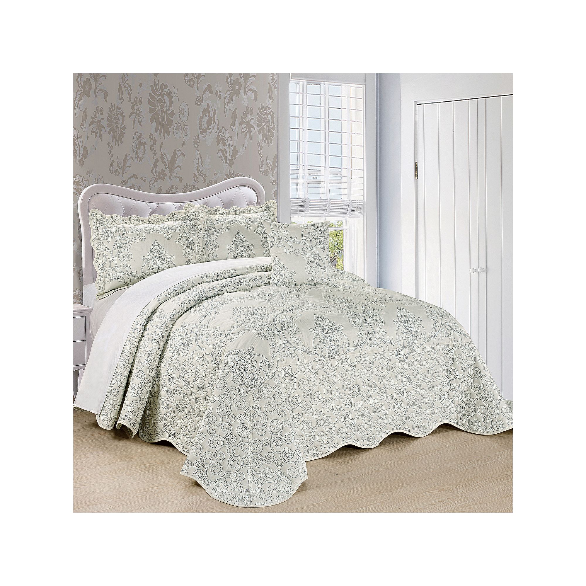 Serenta Damask Embroidered 4-Piece Bedspread and Sham Set, Antique White