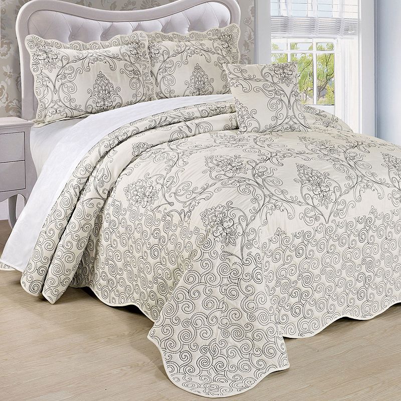 Serenta Damask Embroidered 4-Piece Bedspread and Sham Set, White, King