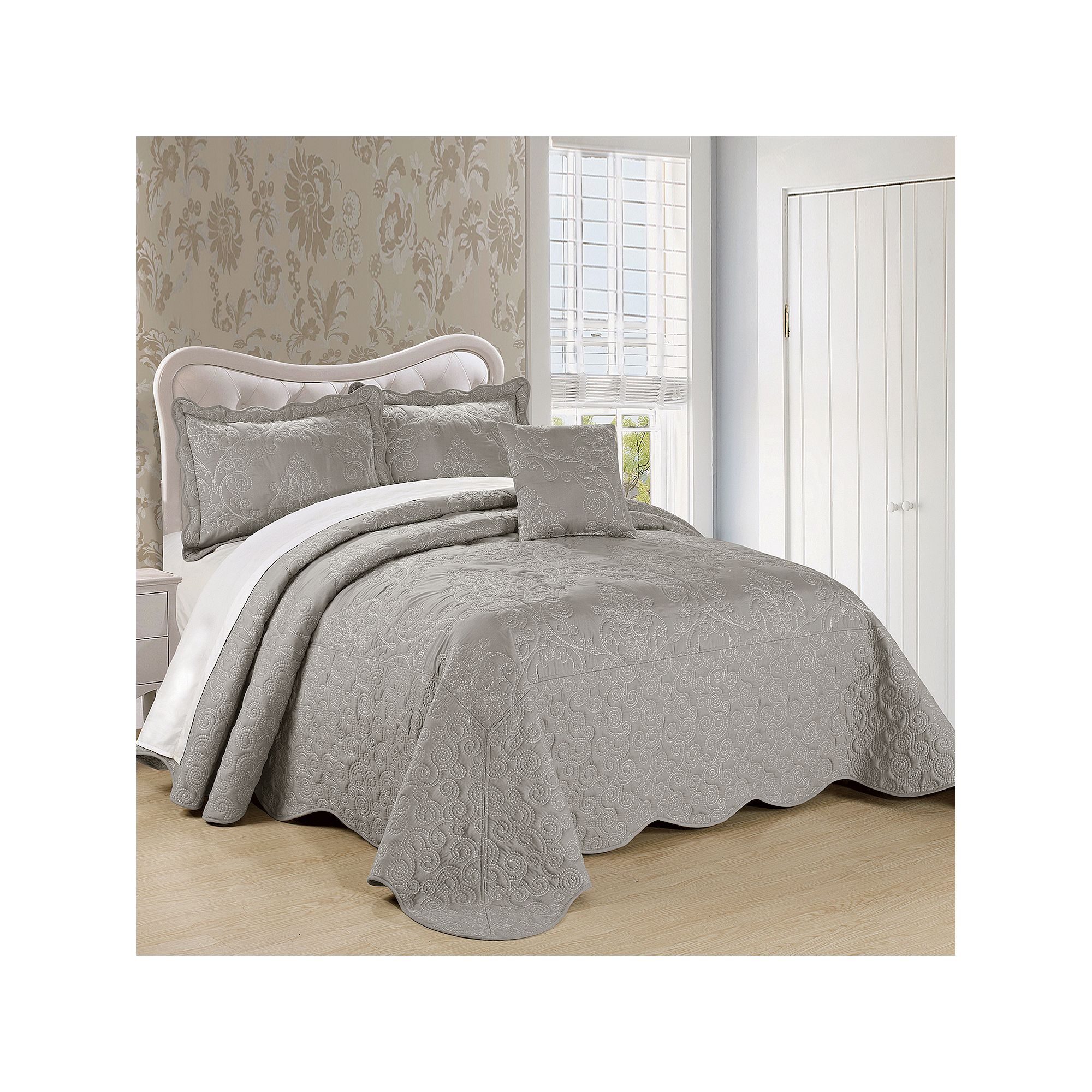 Serenta Damask Embroidered 4-Piece Bedspread and Sham Set, Ash Gray