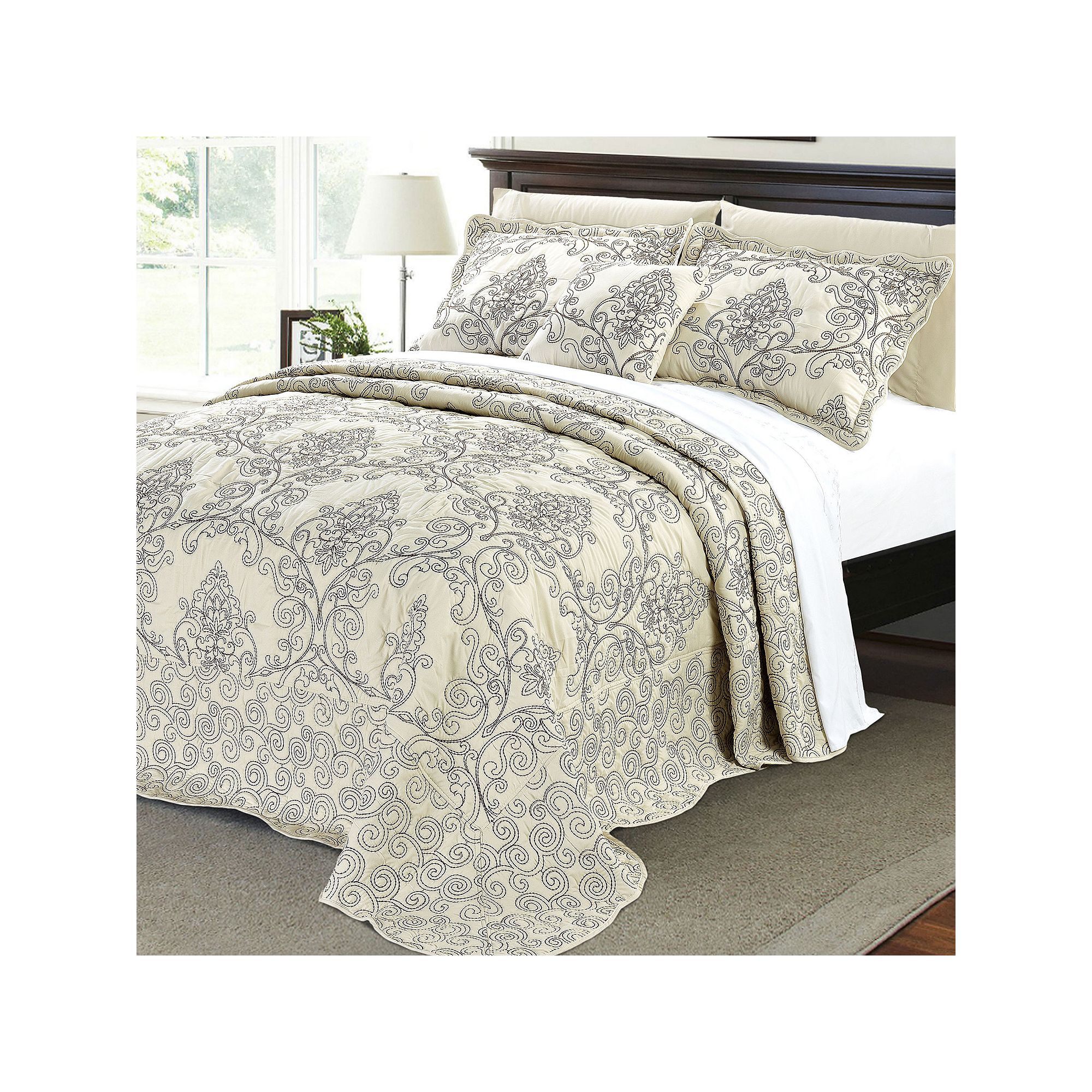 Serenta Damask Embroidered 4-Piece Bedspread and Sham Set, Beige