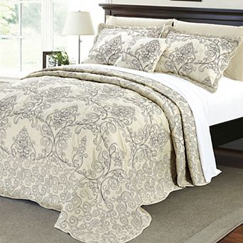 Serenta Damask Embroidered 4 pc Bedspread and Sham Set