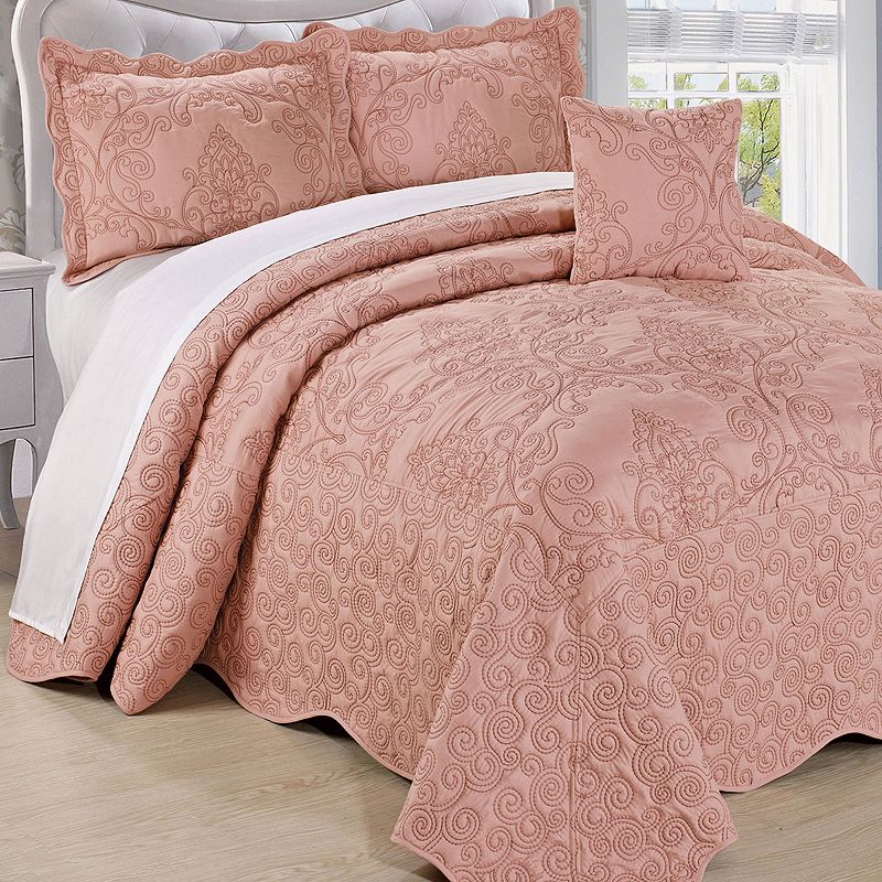 Serenta Damask Embroidered 4-Piece Bedspread and Sham Set, Pink, King
