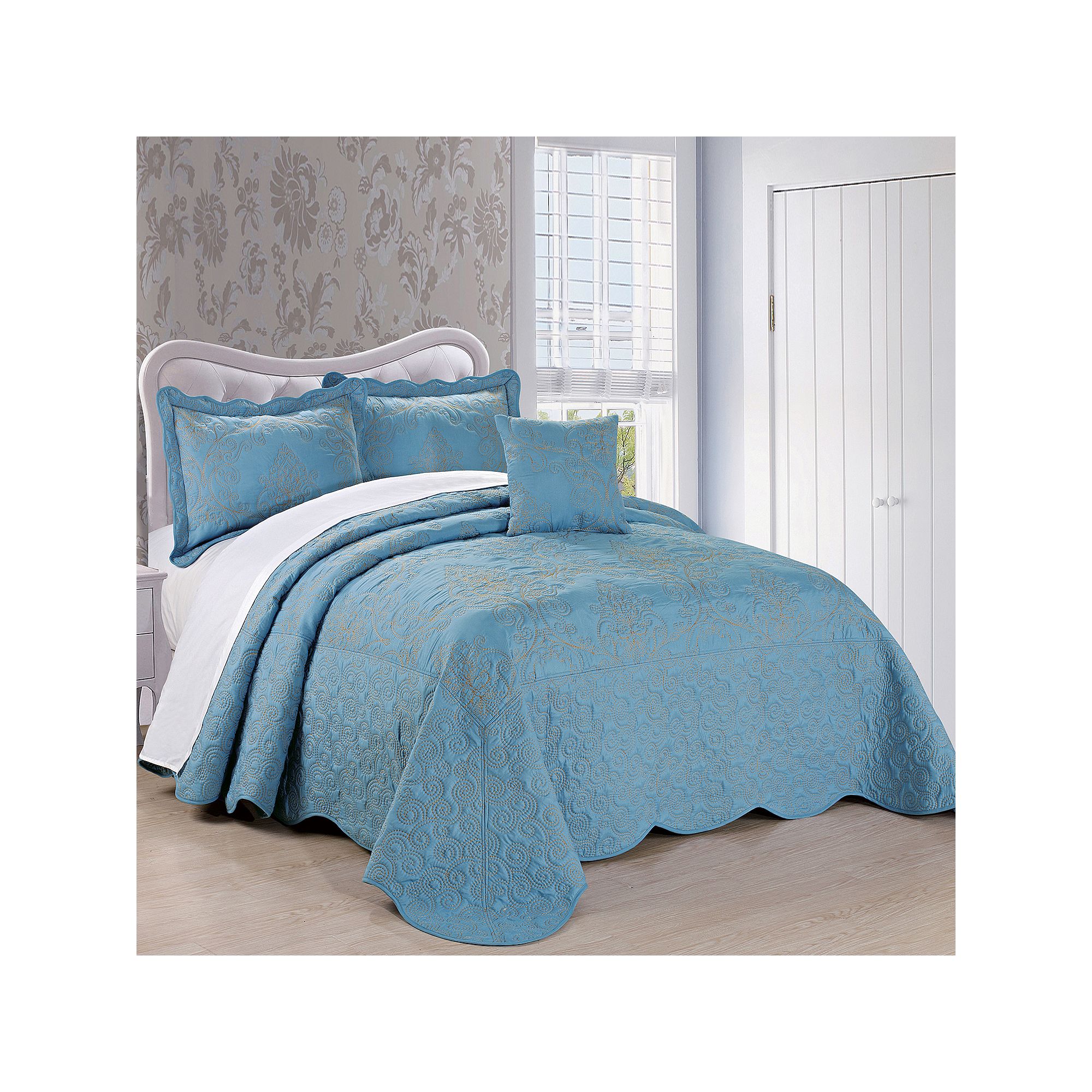 Serenta Damask Embroidered 4-Piece Bedspread and Sham Set, Forget Me Not