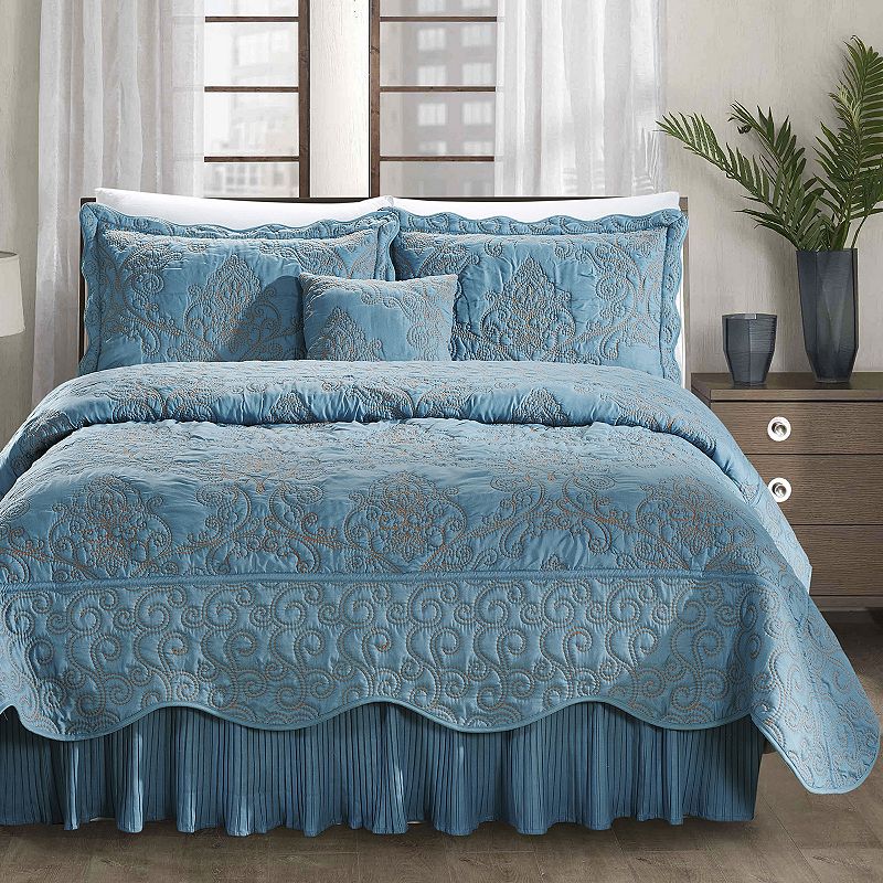 Serenta Damask Embroidered 4-Piece Bedspread and Sham Set, Blue, King