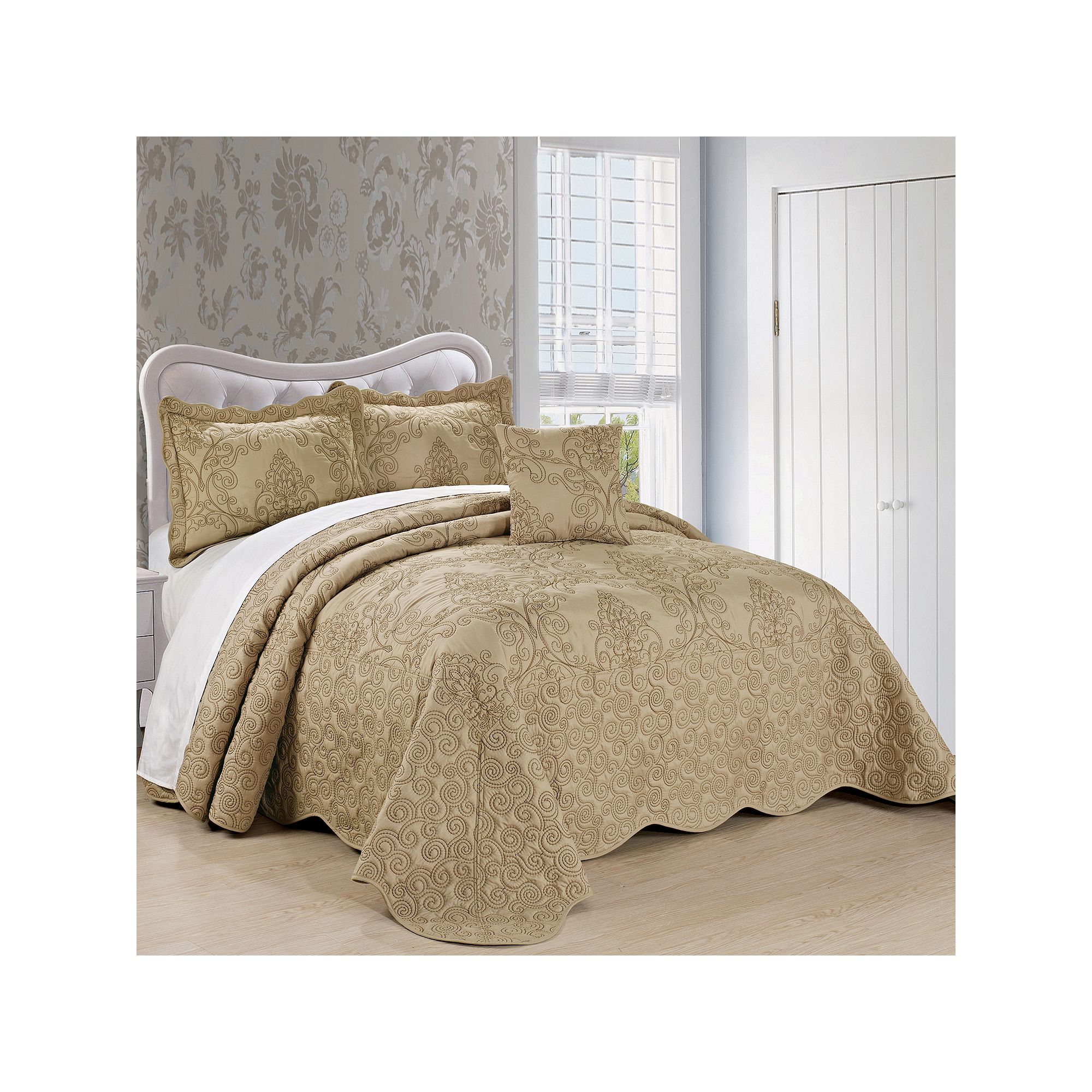 Serenta Damask Embroidered 4-Piece Bedspread and Sham Set, Incense