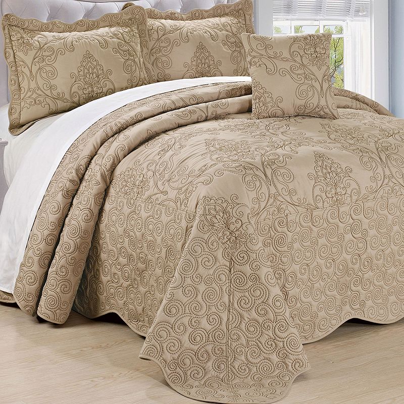 Serenta Damask Embroidered 4-Piece Bedspread and Sham Set, Brown, Queen