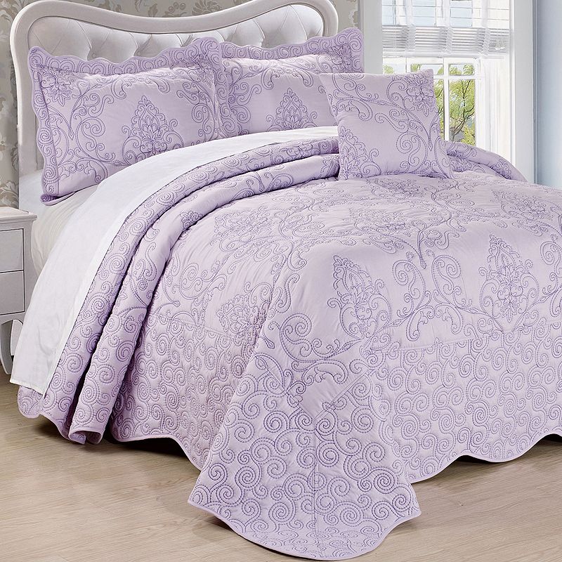 Serenta Damask Embroidered 4-Piece Bedspread and Sham Set, Purple, King