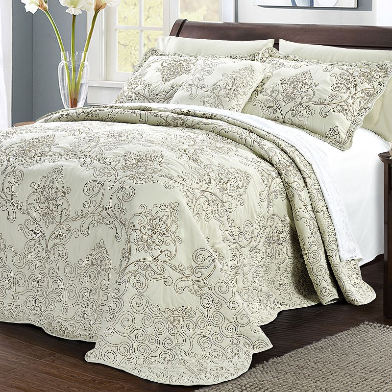 53256254 Serenta Damask Embroidered 4-Piece Bedspread and S sku 53256254