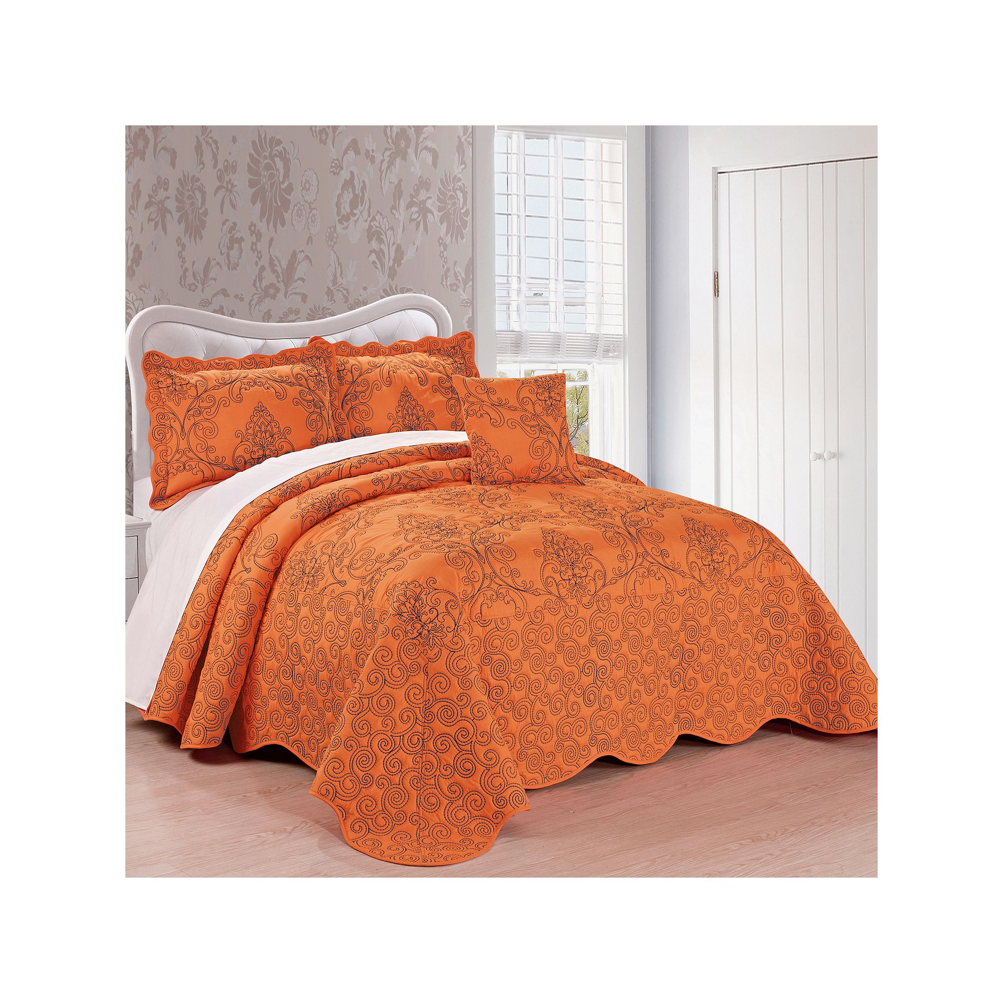 Serenta Damask Embroidered 4-Piece Bedspread and Sham Set, Nectarine