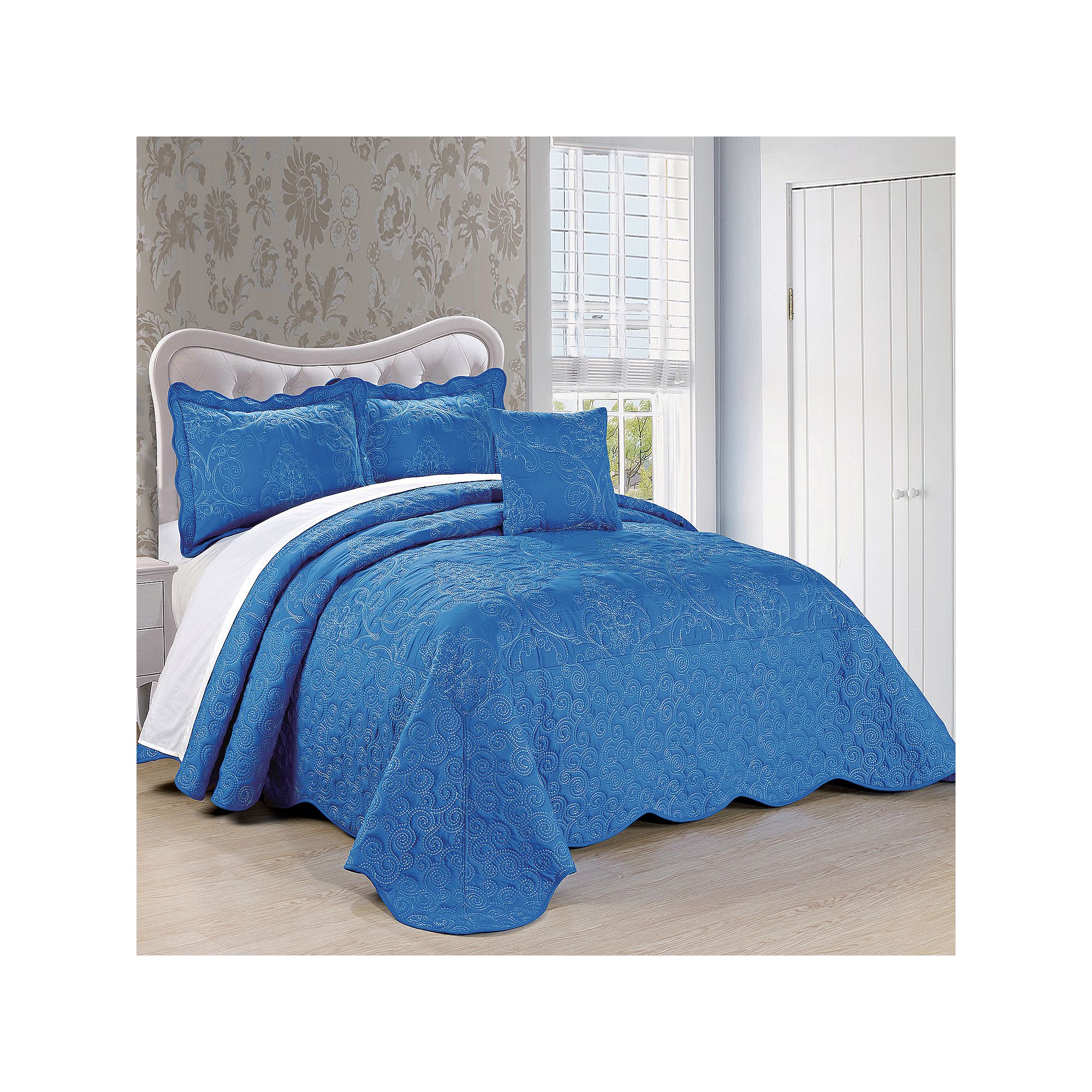 Serenta Damask Embroidered 4-Piece Bedspread and Sham Set, Palace Blue