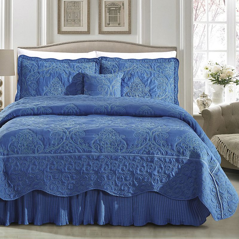 Serenta Damask Embroidered 4-Piece Bedspread and Sham Set, Blue, Queen
