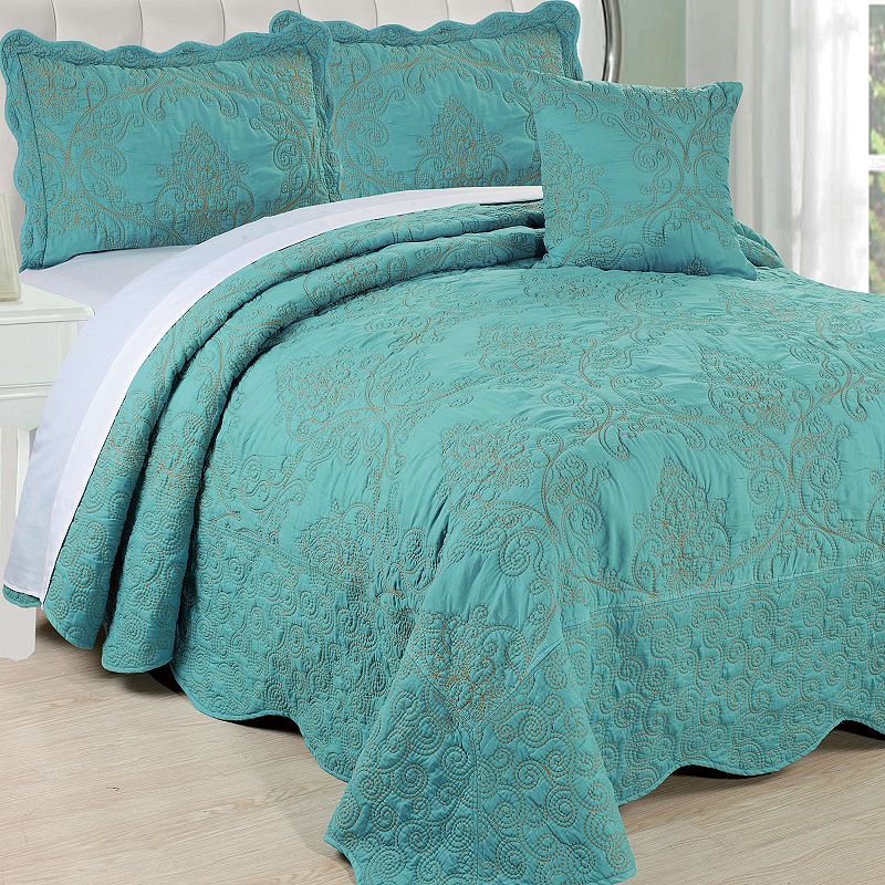 Serenta Damask Embroidered 4-Piece Bedspread and Sham Set, Green, Queen