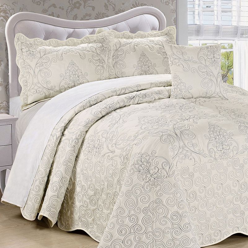 Serenta Damask Embroidered 4-Piece Bedspread and Sham Set, White, Queen