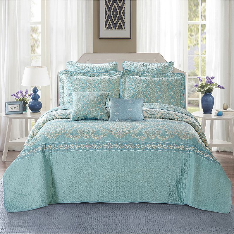 Mystic Turquoise Quilted 7-Piece Bed Spread Set, Green, King