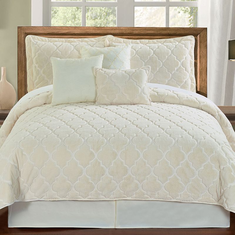 Serenta Ogee Faux Fur 7-Piece Coverlet and Sham Set, White, King