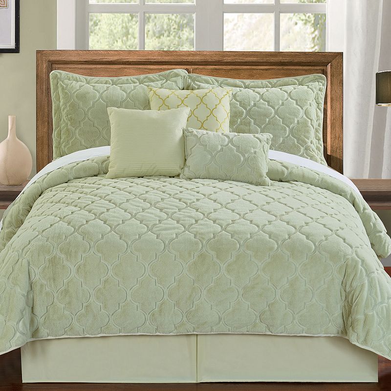 Serenta Ogee Faux Fur 7-Piece Coverlet and Sham Set, Green, King