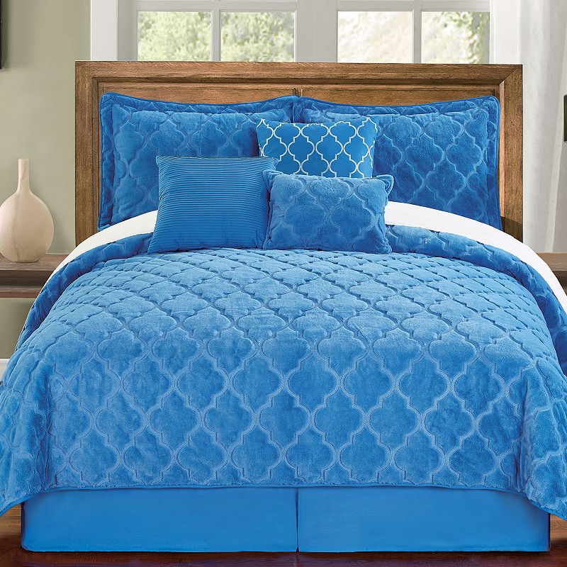 Serenta Ogee Faux Fur 7-Piece Coverlet and Sham Set, Blue, King