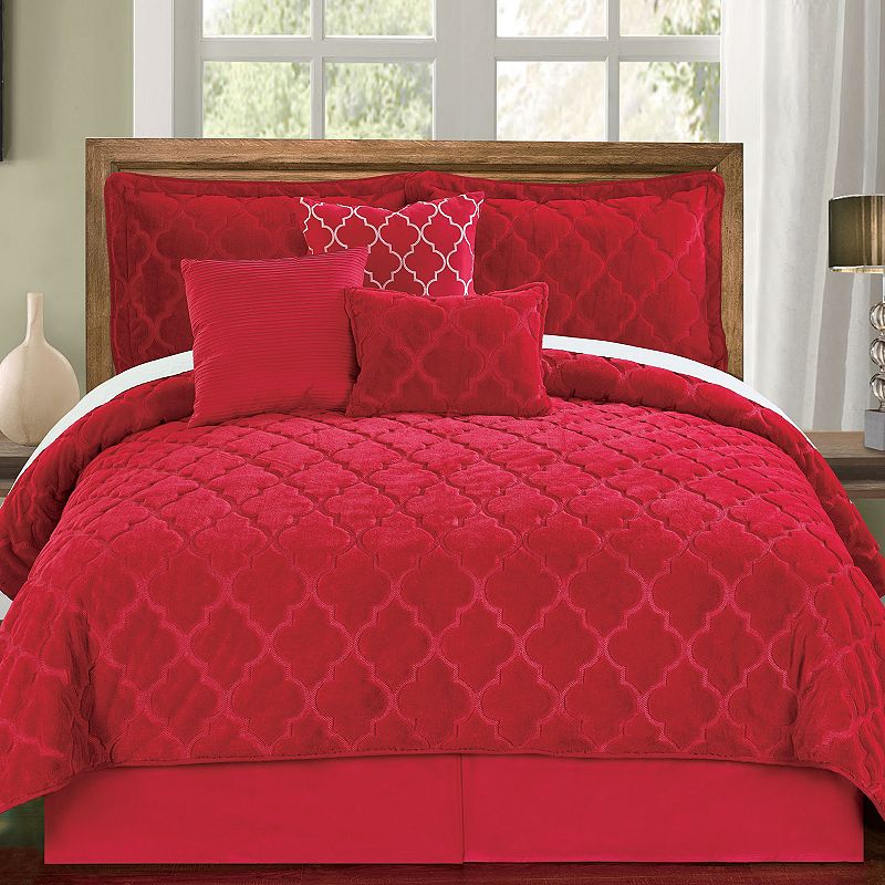Serenta Ogee Faux Fur 7-Piece Coverlet and Sham Set, Red, Queen