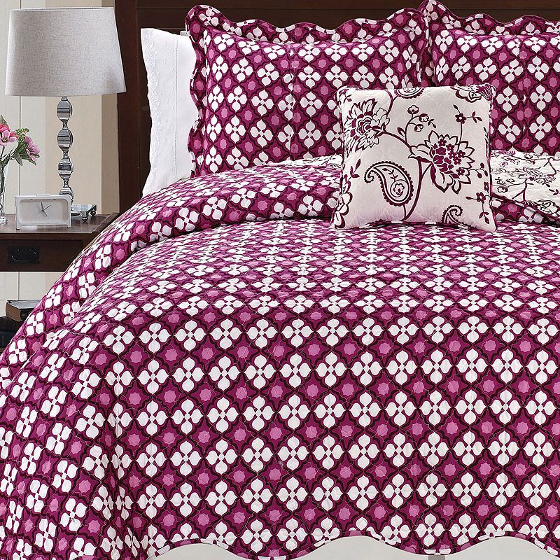 Serenta Paisley Flower Reversible 4-Piece Coverlet and Sham Set, Purple, Ki