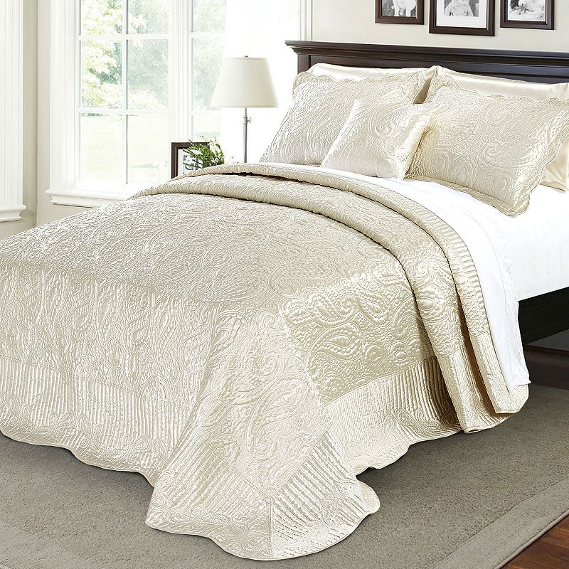 Serenta Quilted Satin Bedspread Set, White, Queen