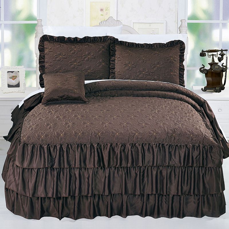 28959718 Serenta Ruffle Matte Satin Coverlet Set, Brown, Qu sku 28959718