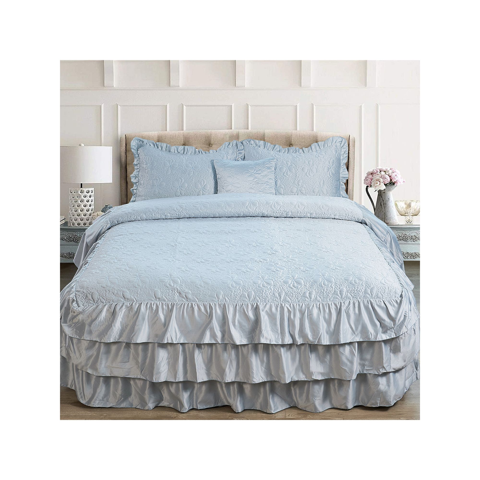 Serenta Ruffle Matte Satin Coverlet Set, Light Blue