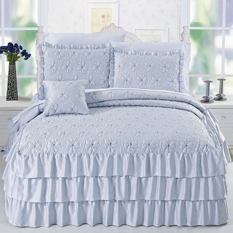 Serenta Ruffle Matte Satin Coverlet Set, Blue, King