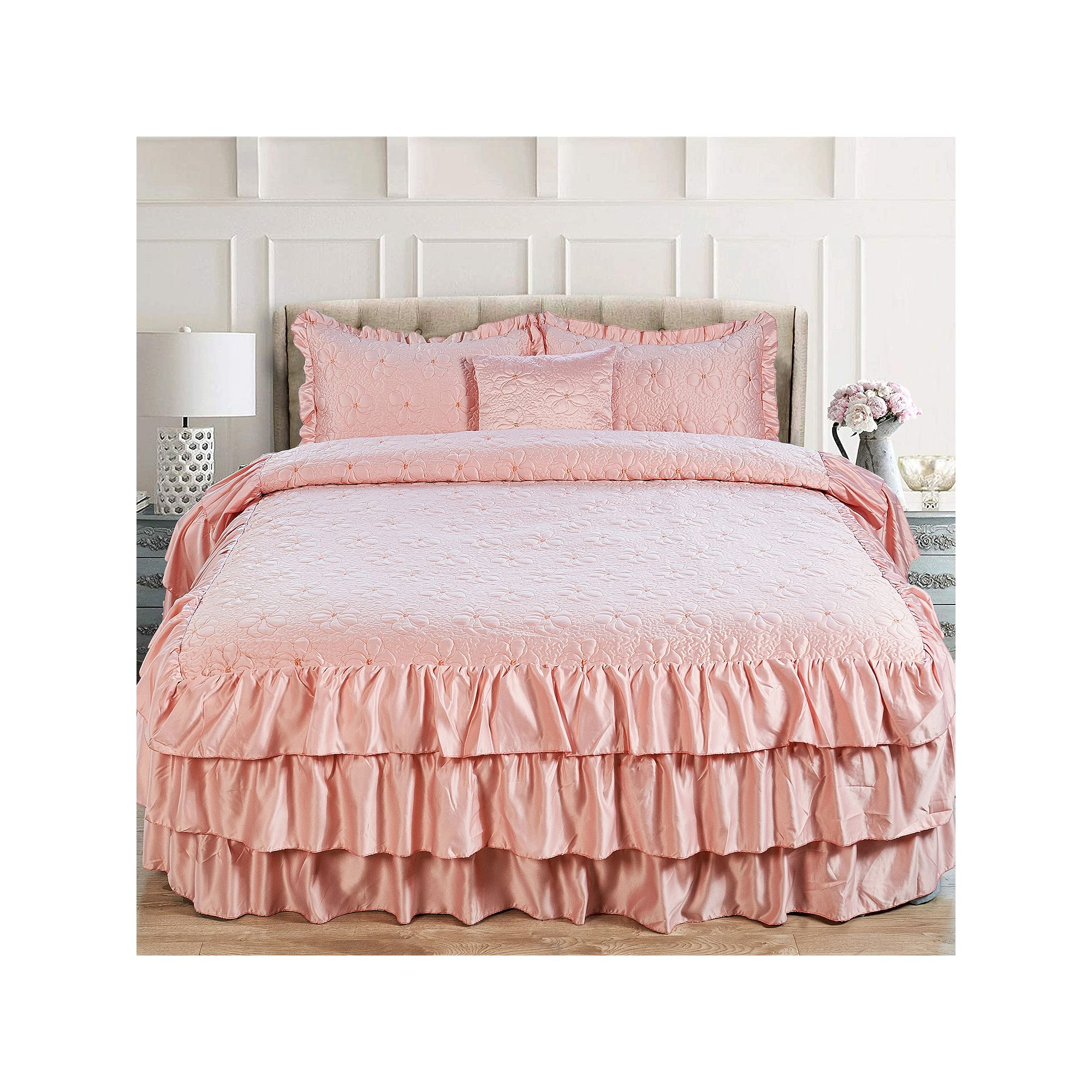 Serenta Ruffle Matte Satin Coverlet Set, Pink