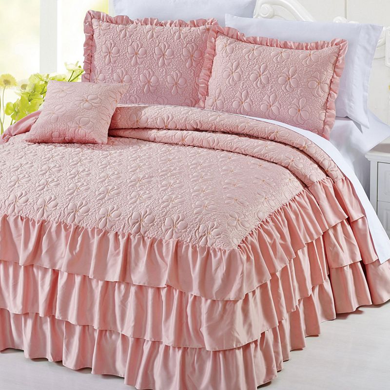 Serenta Ruffle Matte Satin Coverlet Set, Pink, King