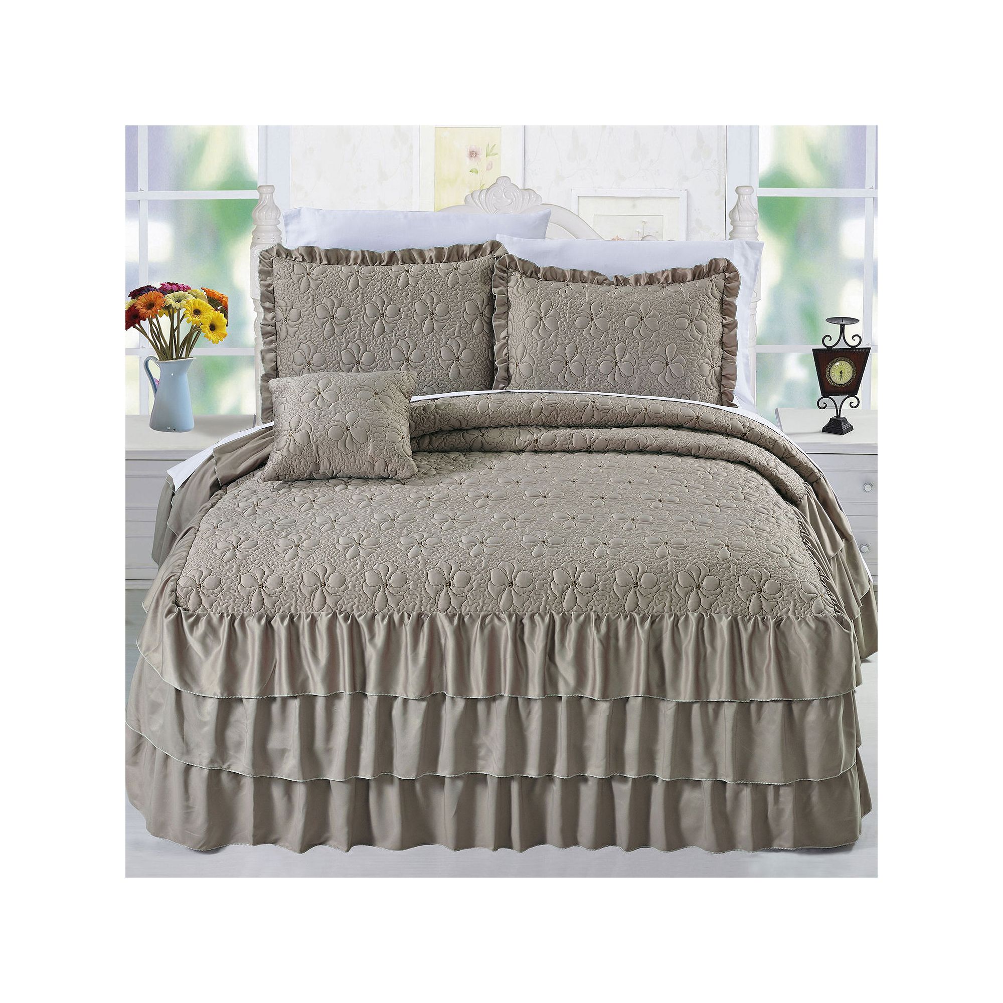 Serenta Ruffle Matte Satin Coverlet Set, Brown