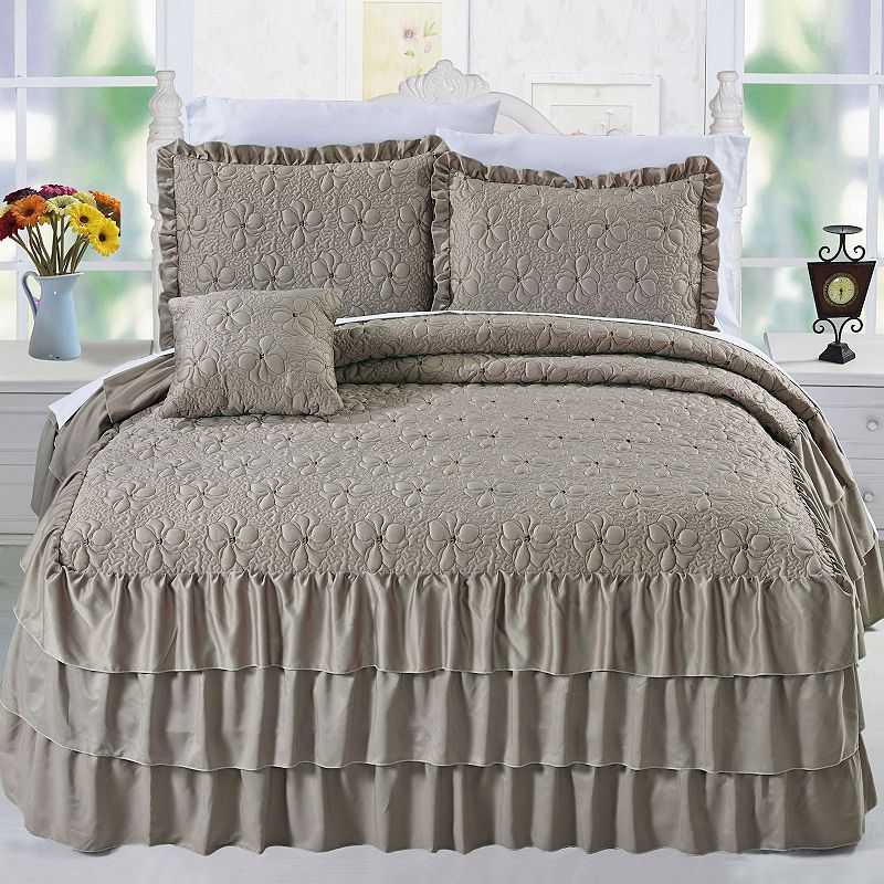 18896325 Serenta Ruffle Matte Satin Coverlet Set, Brown, Qu sku 18896325