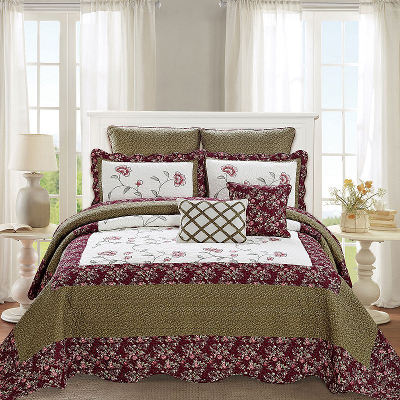 Serenta Saigon 7-Piece Quilted Bedspread and Sham Set, Green, Queen