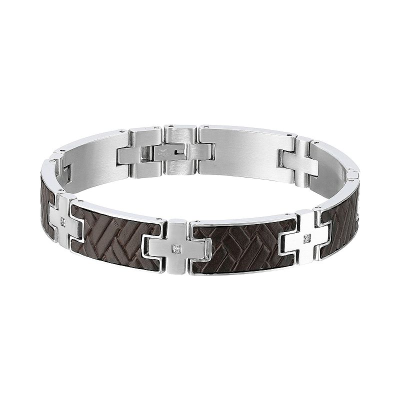 LYNX Mens Stainless Steel & Black Leather Bracelet, Size: 8.5, White