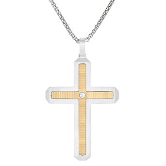 LYNX Men's Two Tone Stainless Steel Cubic Zirconia Cross Pendant