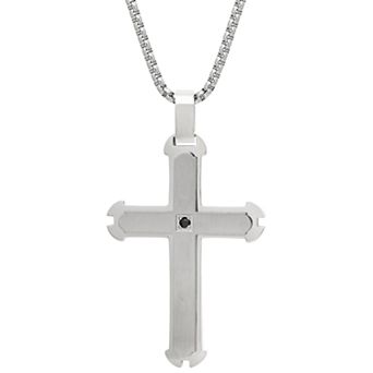 LYNX Stainless Steel Black Cubic Zirconia Layered Cross Pendant - Men's