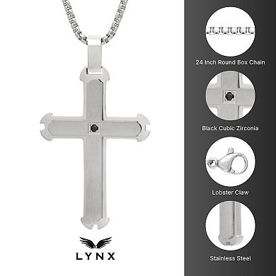 LYNX Stainless Steel Black Cubic Zirconia Layered Cross Pendant - Men's