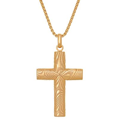 LYNX Men's Gold Tone Damascus Steel Cross Pendant Necklace