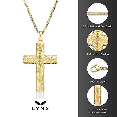 LYNX Men's Gold Tone Damascus Steel Cross Pendant Necklace